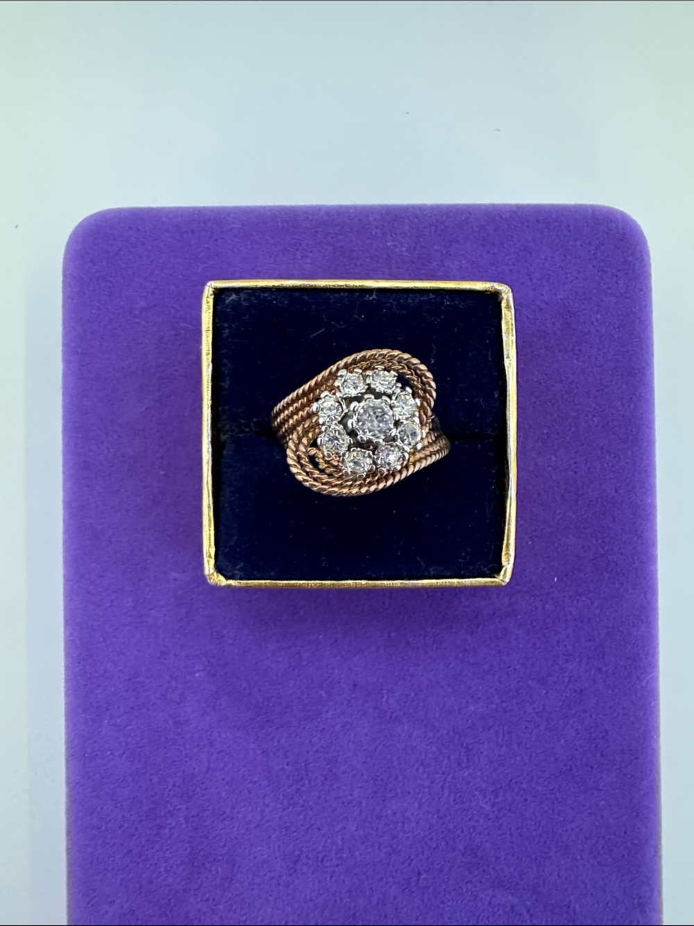 💛 Vintage Gold Filled Rope Floral CZ Cluster Ring | Endless Sparkle Statement
